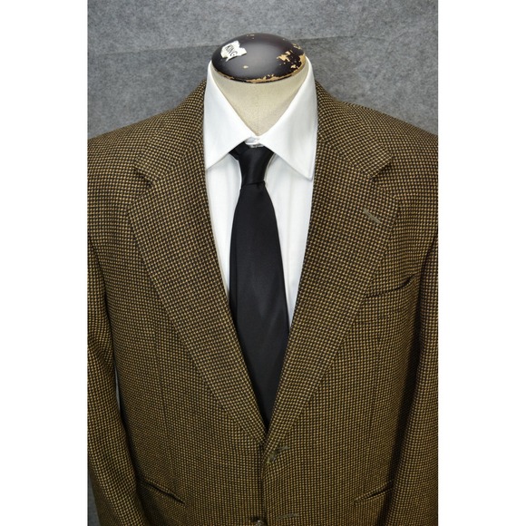 Yves Saint Laurent Silk Blazer Mens 44 Brown Black Houndstooth Wool 2 Button YSL